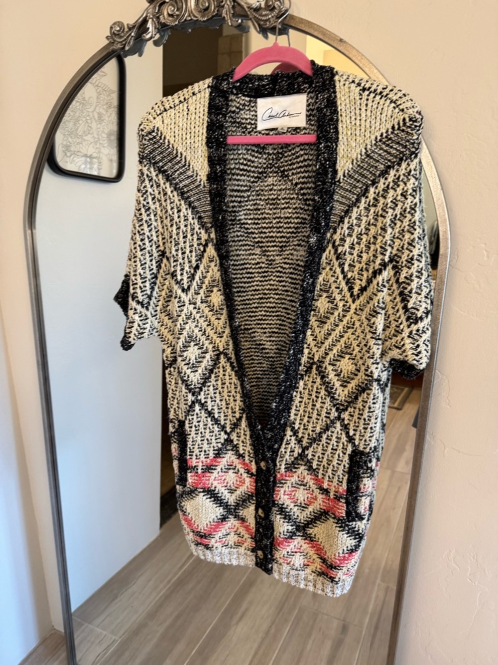 CAbi Black & Cream Short-Sleeve Open Cardigan with Pink Accent